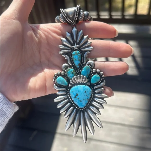 Navajo Shawn Cayatineto High Grade Kingman Turquoise & Sterling Silver Pendant - Picture 5 of 12